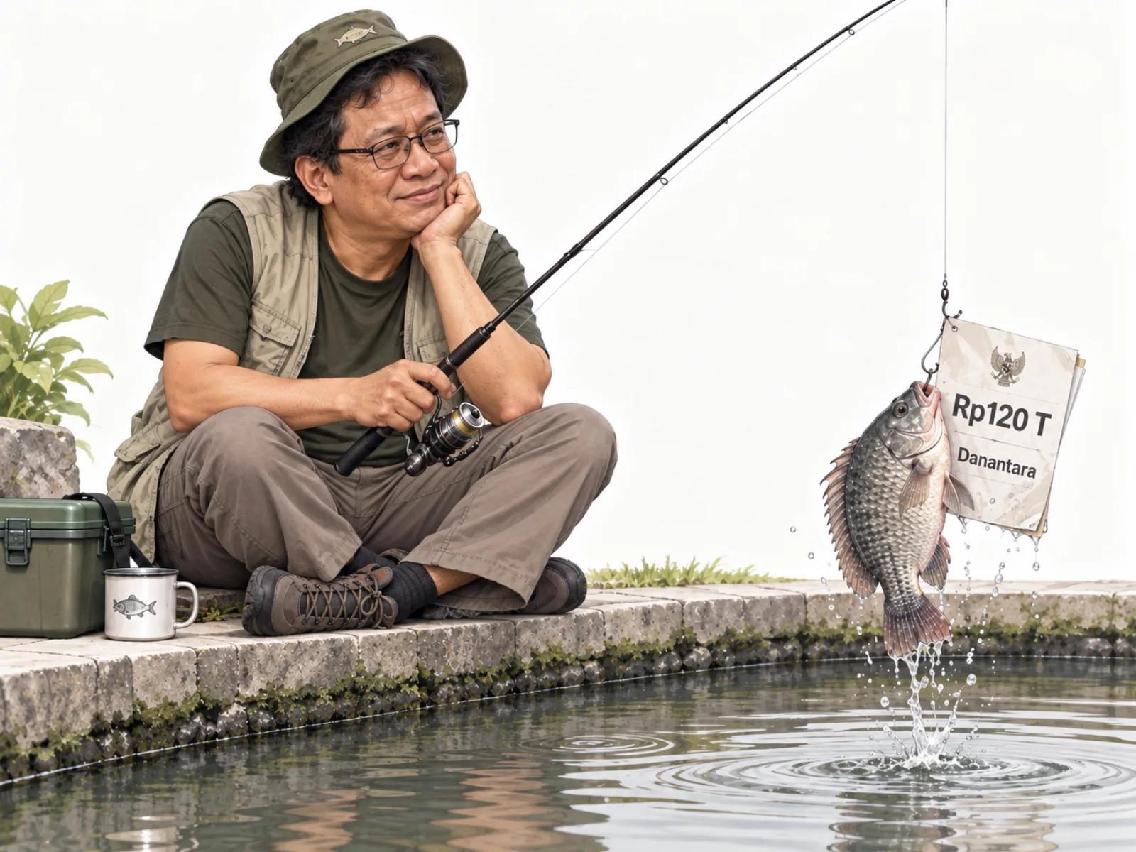 Ilustrasi Purbaya duduk memancing di tepi kolam, di ujung kailnya tersangkut ikan bersama secarik kertas bertuliskan Rp120 T Danantara